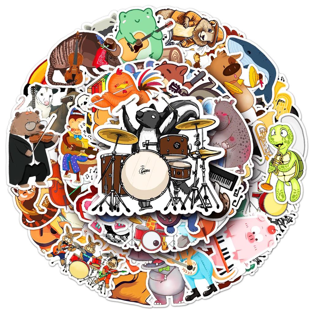 50 Animal Concert Doodle Stickers: Cartoon Instrument Designs for Water Bottles, Computers, and Phone Cases