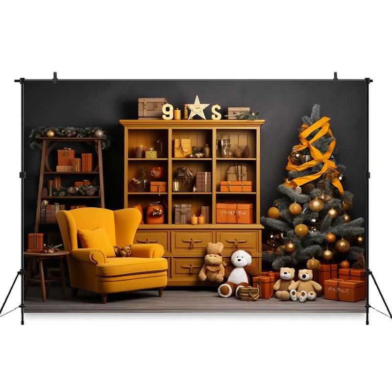 Mocsicka Indoor Christmas Home Photography Backdrop Child Birthday Photo Background Xmas Tree Bear Gifts Sofa Party Decor Banner