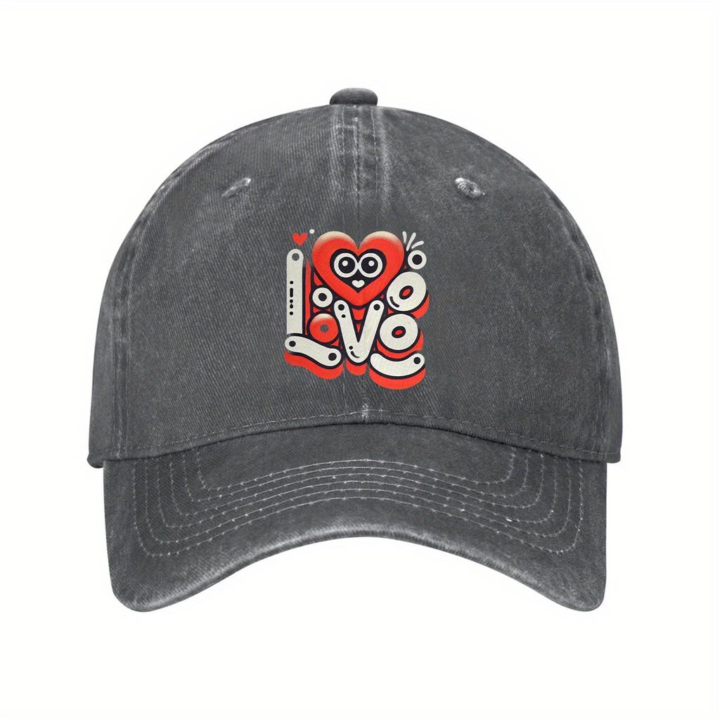 Funny Cartoon Love Heart Graphic Adjustable Baseball Cap Denim Washed Dad Hat Casual Unisex