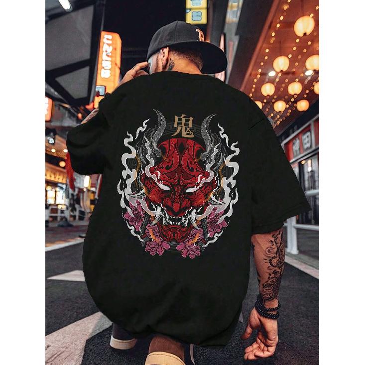 Men'S 180gsm Heavyweight Graphic T-Shirt - Bold Red & Black Geometric Print, Casual Round Neck Tee for Summer, Comfortable & Stylish, Everyday Tshirt