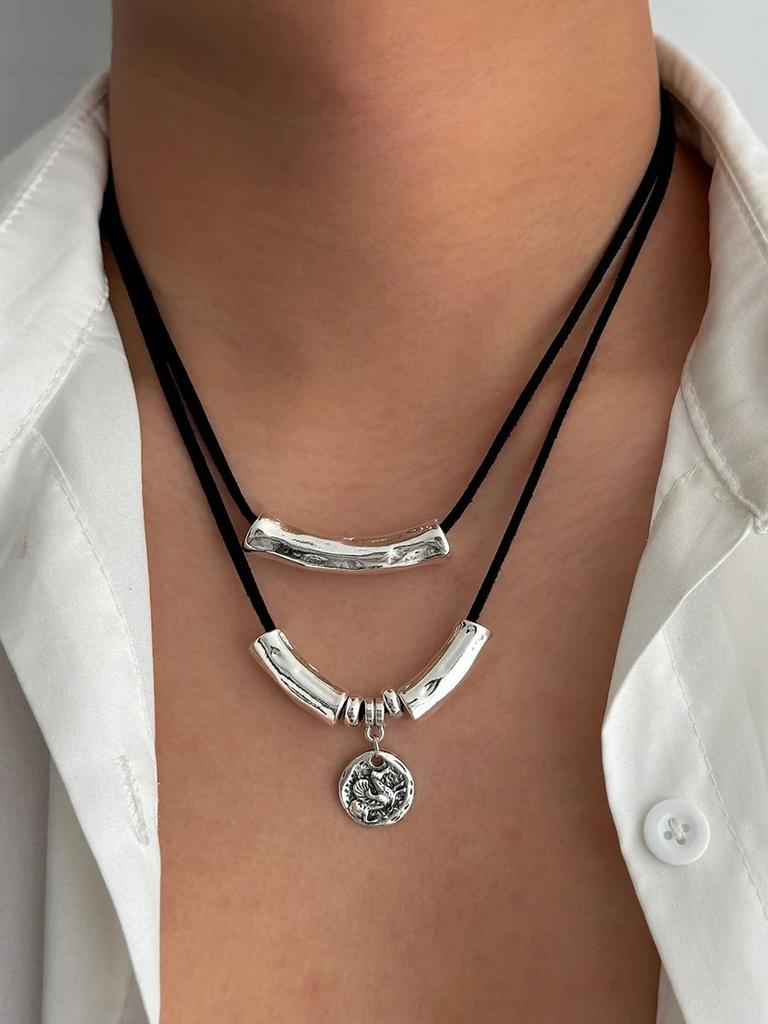 PuRui Fashion 2Pcs/Set Black Simple Korean Velvet Alloy Necklace Adjustable Rope Chain Men Daily Y2K Zircon Accessories Gift