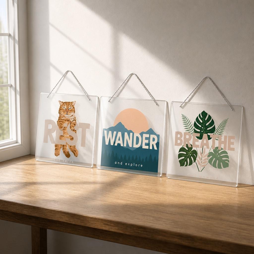 Square Clear Acrylic Wall Plaque Cat Art 20x20cm Smooth Edge Hanging Sign Home Decoration
