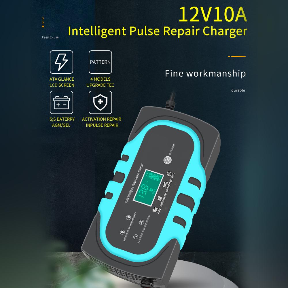 For Motorcycle Wet Dry Lead Acid Battery Digital Display Battery Charger Smart Car Battery Charger 12V 10A Pulse Repair