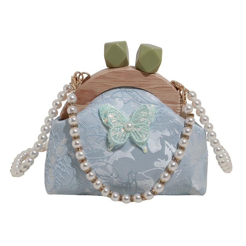 Summer embroidery small bag women's new fashion bamboo joint portable mouth gold bag pearl chain messenger bag