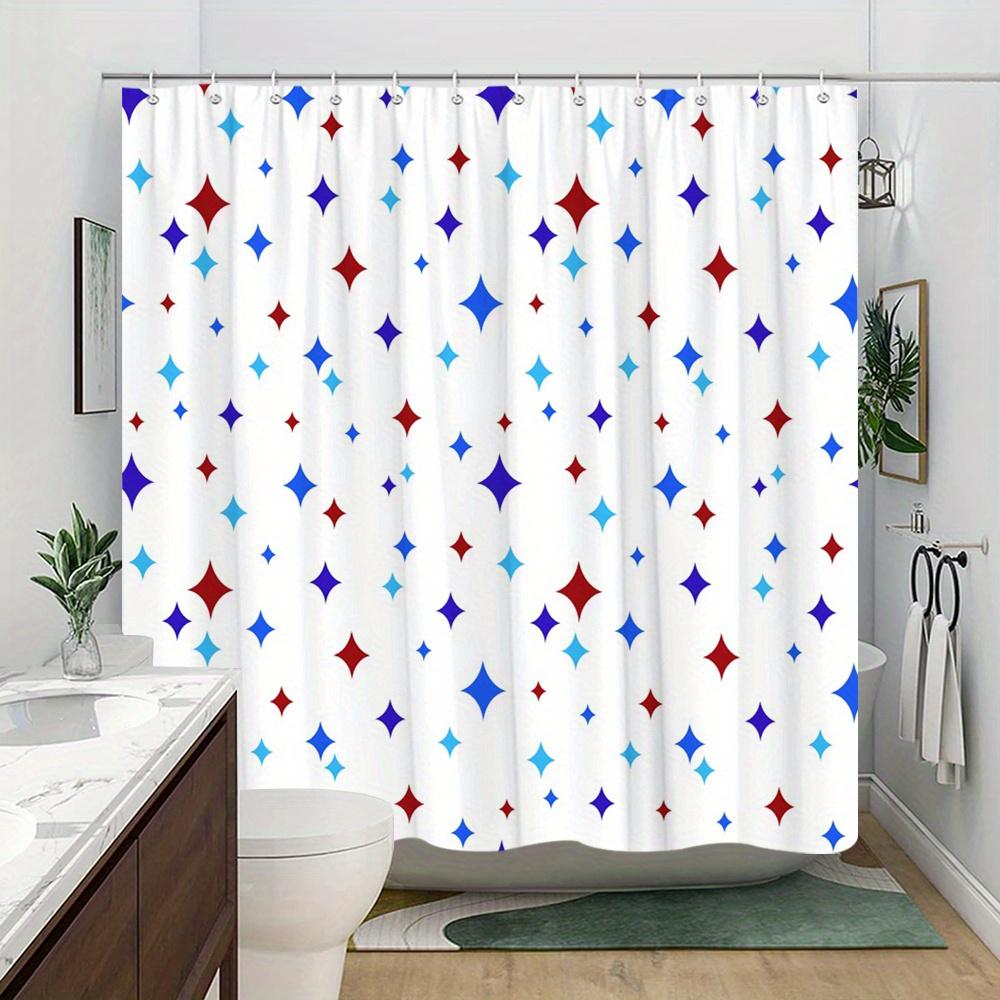 1pc Colorful Star Shower Curtain, Red Blue Light Blue on White, Playful Festive Design, 12 Hooks, Machine Washable Polyester