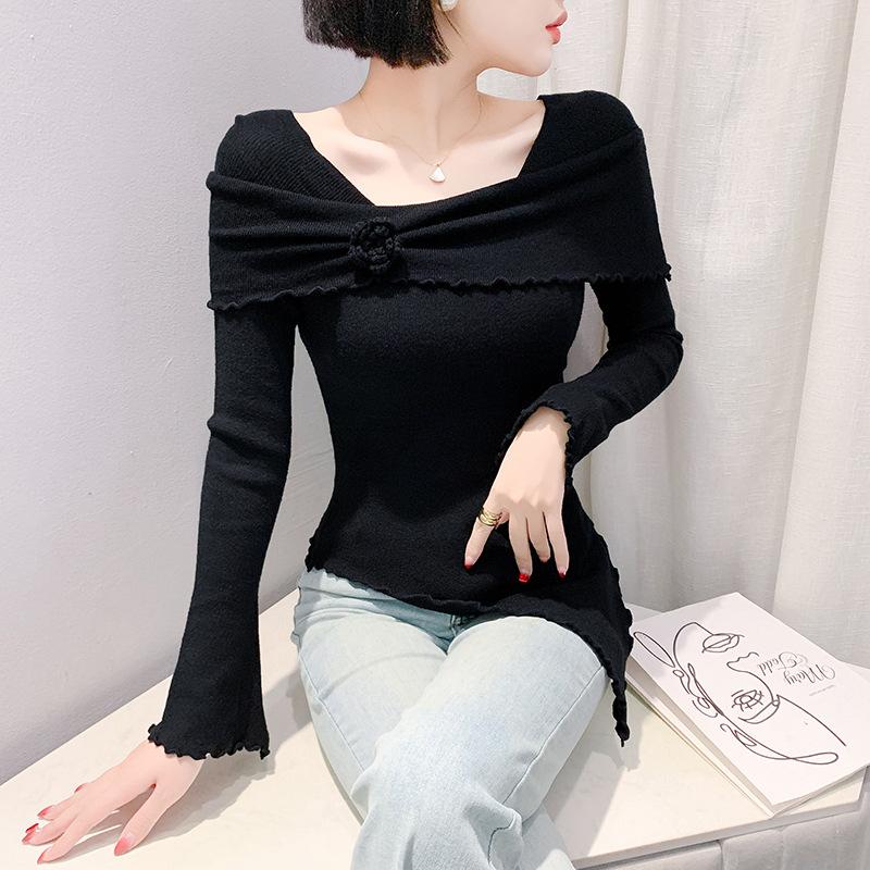 Sexy Square Collar Sweater for Women In Spring New Irregular Knitted Base Shirt for Women Long-sleeved Underwear