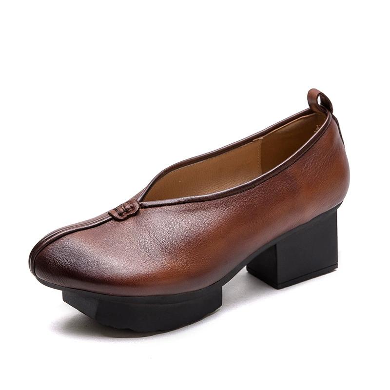 Fashion GKTINOO Spring Autumn Ethnic Style Round Toe High Heels Mom Shoes Cowhide Platform Retro Genuine Leather Pumps Women's Shoes