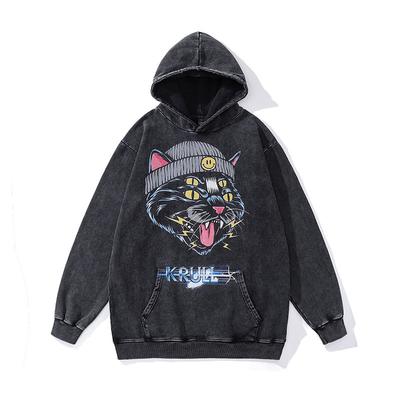 American Retro Anime Print Autumn And Winter Hooded Sweatshirt Heavy-Washed Old Lazy Style Street Hip-Hop Man