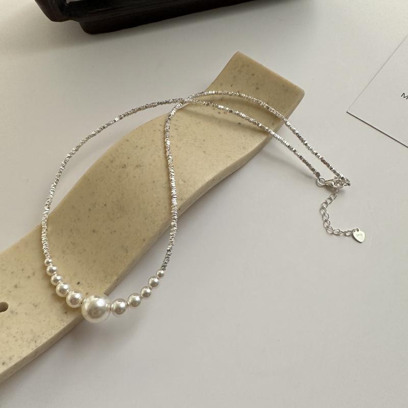 S925 Sterling Silver Smile Gradual Change Broken Silver Necklace French Retro Elegant Simple Strong Light Pearl Bracelet Jewelry