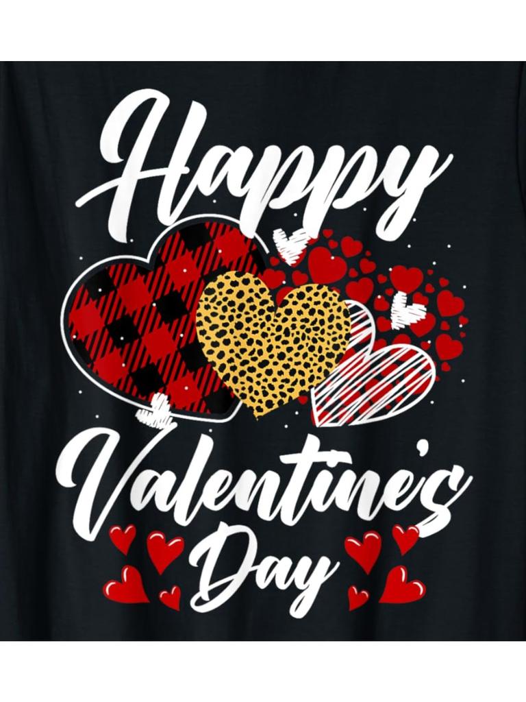 Happy Valentine Day Leopard Plaid Heart Graphic Men's Soft Cotton T-Shirt Casual Short Sleeve Tee
