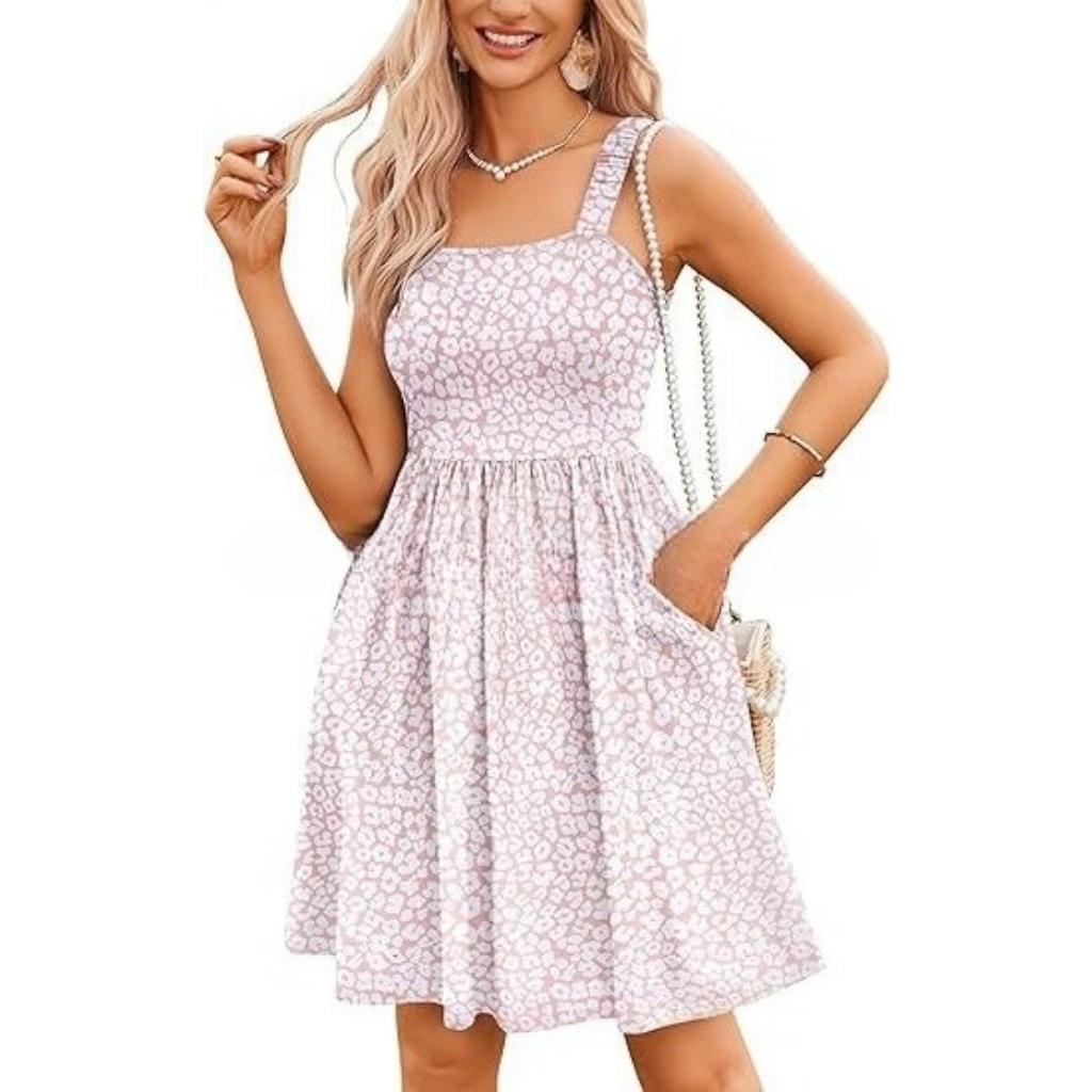 Women's Square Neck Sleeveless Floral Printed A Line Dress Mid Waist Sweet Style Summer Casual Sundress