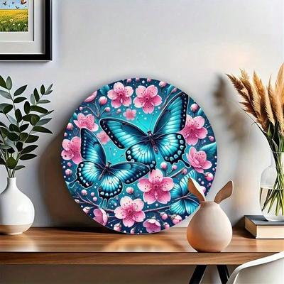 Vintage Butterfly Metal Tin Sign 8 Inch Round Wall Art Blue Garden Decor for Indoor Outdoor Room