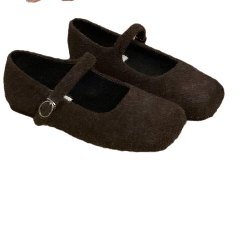2025 Autumn and Winter New Versatile Square Head with Mary Jane Shoes Fluffy Shoes Women's Flat Bottom Shallow Mouth Velvet Single Shoes Women