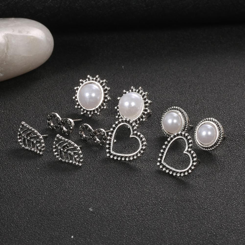 5 pairs Vintage Ear Studs Alloy Imitation Pearl Leaf Earrings Eardrop Gift for Women
