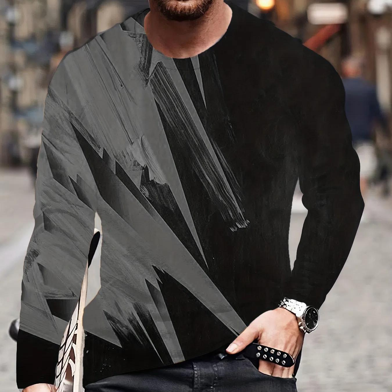 

3D цифровая печать цветных блоков мужская футболка с длинным рукавом облегающая на весну осень, мужские модные топы с круглым вырезом 6XL