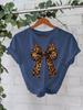 European and American High-End Leopard Print Bow-Knot T-Shirt: Women's Round Neck, Loose Short Sleeve