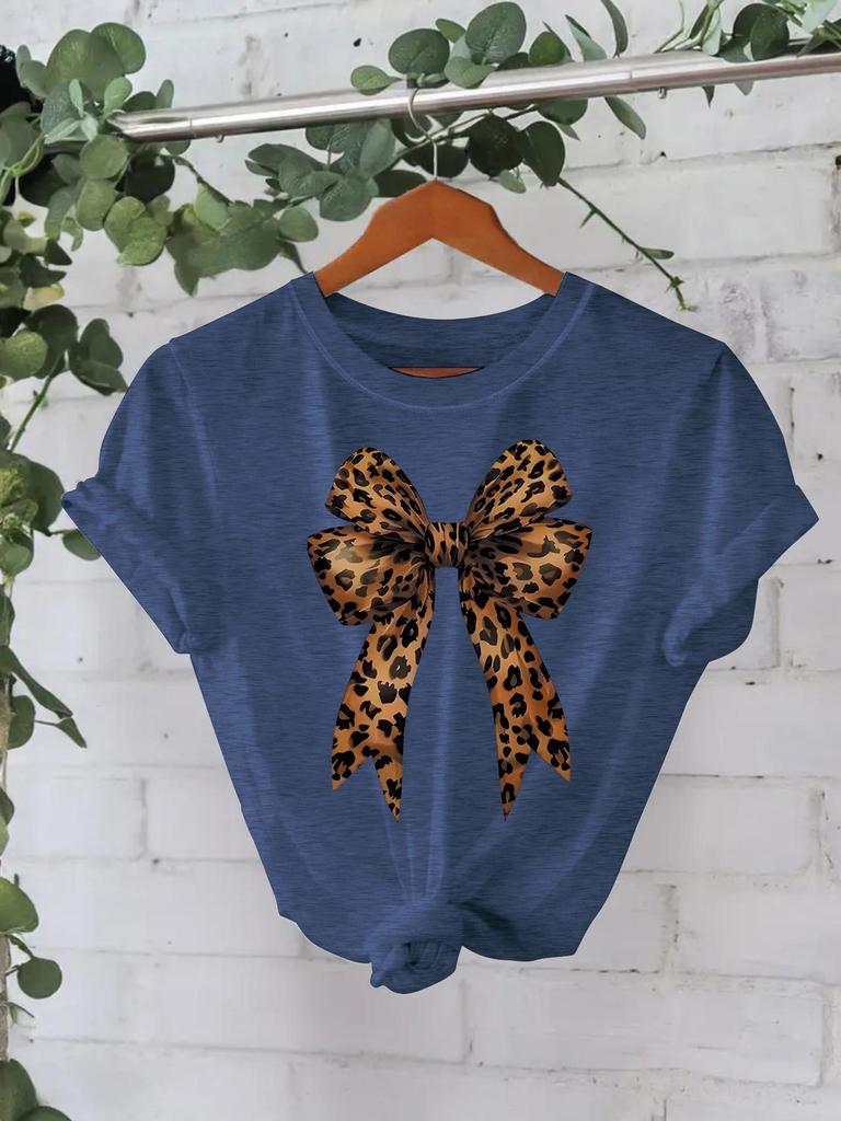 European and American High-End Leopard Print Bow-Knot T-Shirt: Women's Round Neck, Loose Short Sleeve
