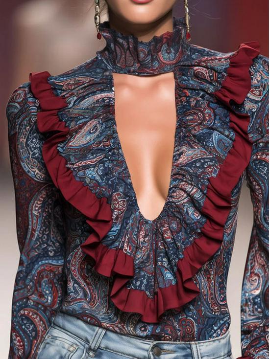 Romantic Boho Deep V-neck Paisley Ruffled Chiffon Shirt