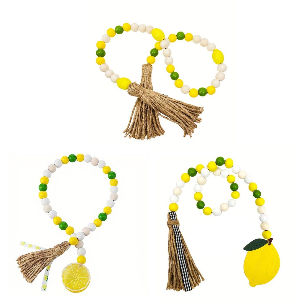 Lemon Wood Beaded Garland with Rustic Tassels Lemon Farmhouse Rustic Beads Summer Country Style Home Tiered Tray Decor
