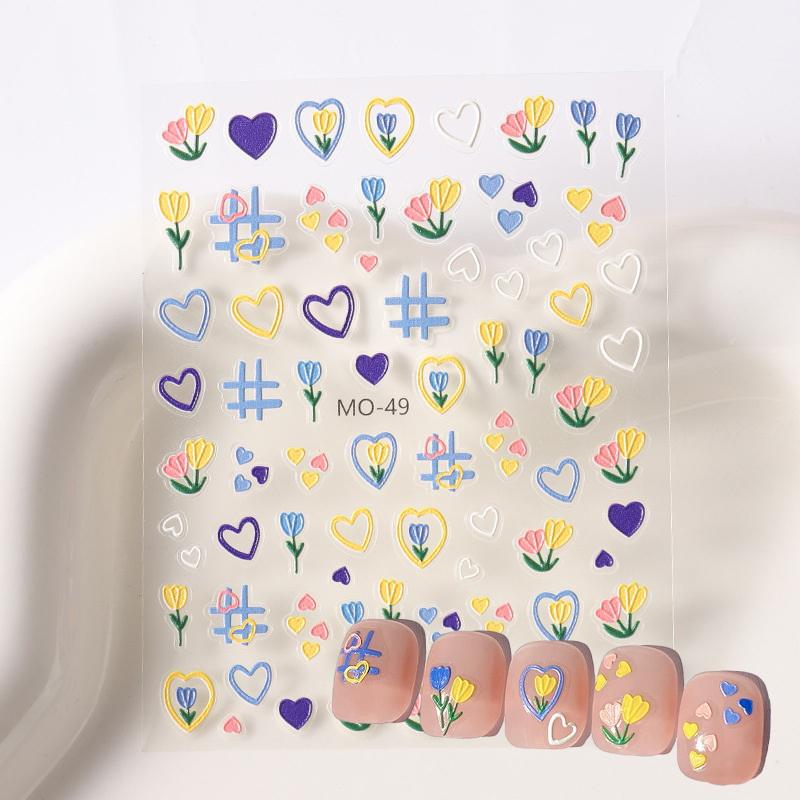 5D Tulip Nail Stickers Embossed Flowers Decals Cute Heart Sliders For Nails Spring Floral Manicure Decoration