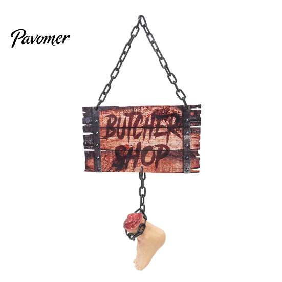 Waterproof Hanging Wood Grain Sign Halloween Butcher Shop Sign, Horror Broken Leg Decoration Dark Theme Party Wall Pendant for Haunted House Foldable