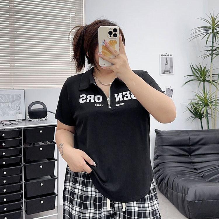 Plus Size Women's Casual Zipper Print Top - Loose Fit Short Sleeve T-shirt for 2025 Summer