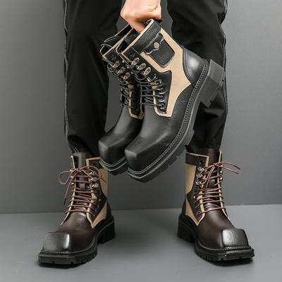 Moda Hombre Cuero Botas de Negocios Moda Joven Impermeable Trendy Suela Gruesa Botas Hombre Lujo Cabeza Cuadrada Caña Alta Zapato Caballero