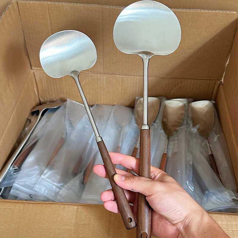 Stainless Steel & Walnut Kitchen Utensils Set: Mushroom Spatula, Spoon, Ladle, Stir-fry Spoon.