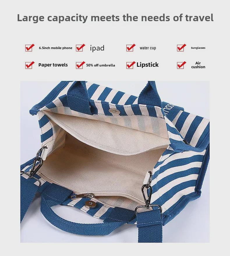 Drezm Korean Crossbody Tote - Small Square Canvas Striped Bag for Women