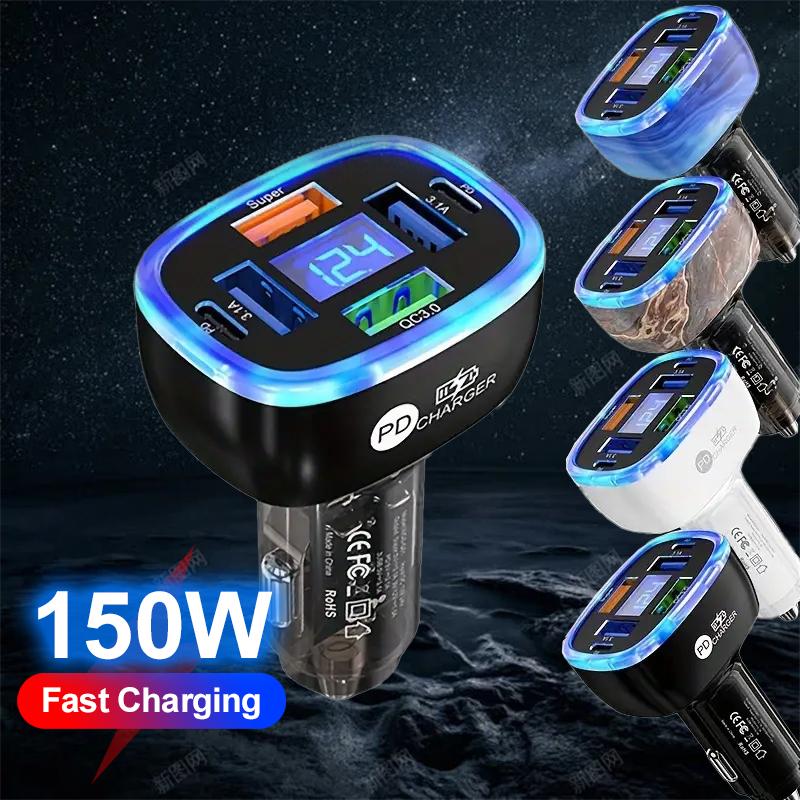 100W 6 Ports Car Charger 4 USB+2 PD Fast Charging QC3.0 USB C Car Phone Charger Type C Adapter In Car For iPhone Samsung Huawei Xiaomi