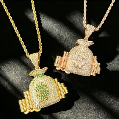 European and American Hip Hop Beauty Money Bag Necklace Copper Set Zircon Dollar Symbol Pendant Trendy Brand Personalized Men's Necklace Accessories