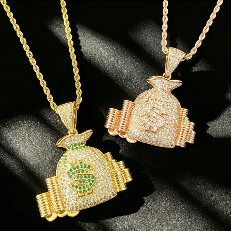 European and American Hip Hop Beauty Money Bag Necklace Copper Set Zircon Dollar Symbol Pendant Trendy Brand Personalized Men's Necklace Accessories