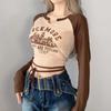 Y2K retro architectural letter print V-neck contrasting color early autumn raglan sleeves with strap base top