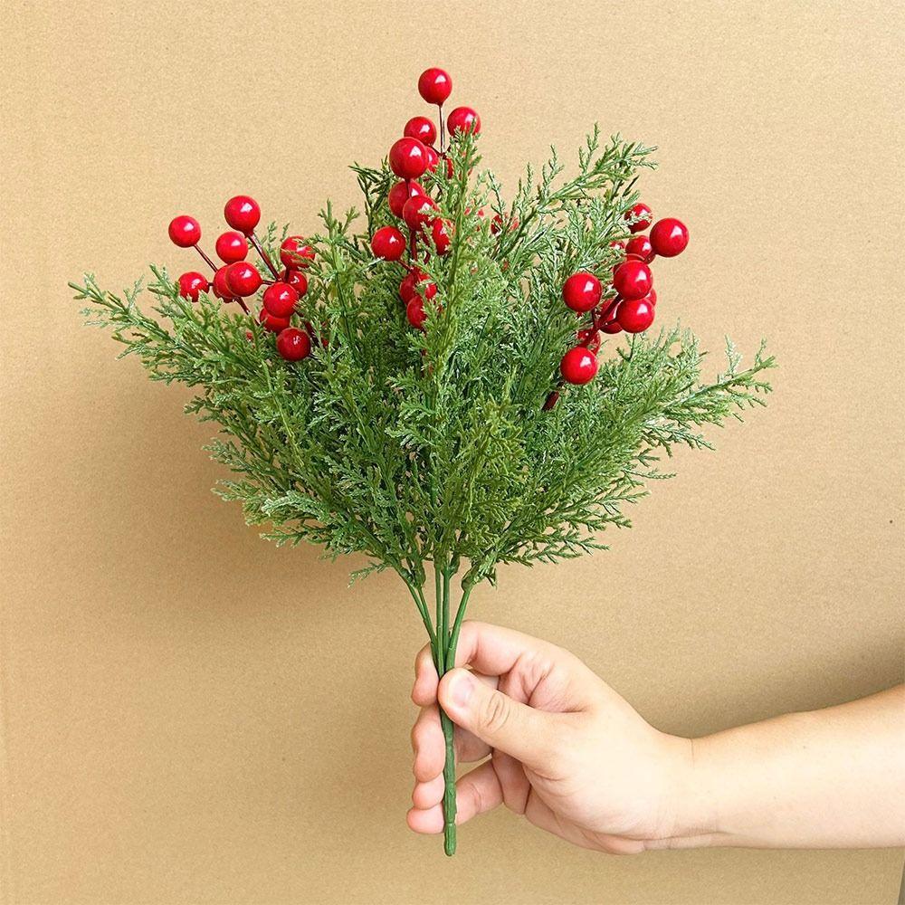 Red&Green Artificial Pine Branches Plastic DIY Wreath Simulation Red Berry Branches Photo Props 7 Branches Christmas Pine Stem