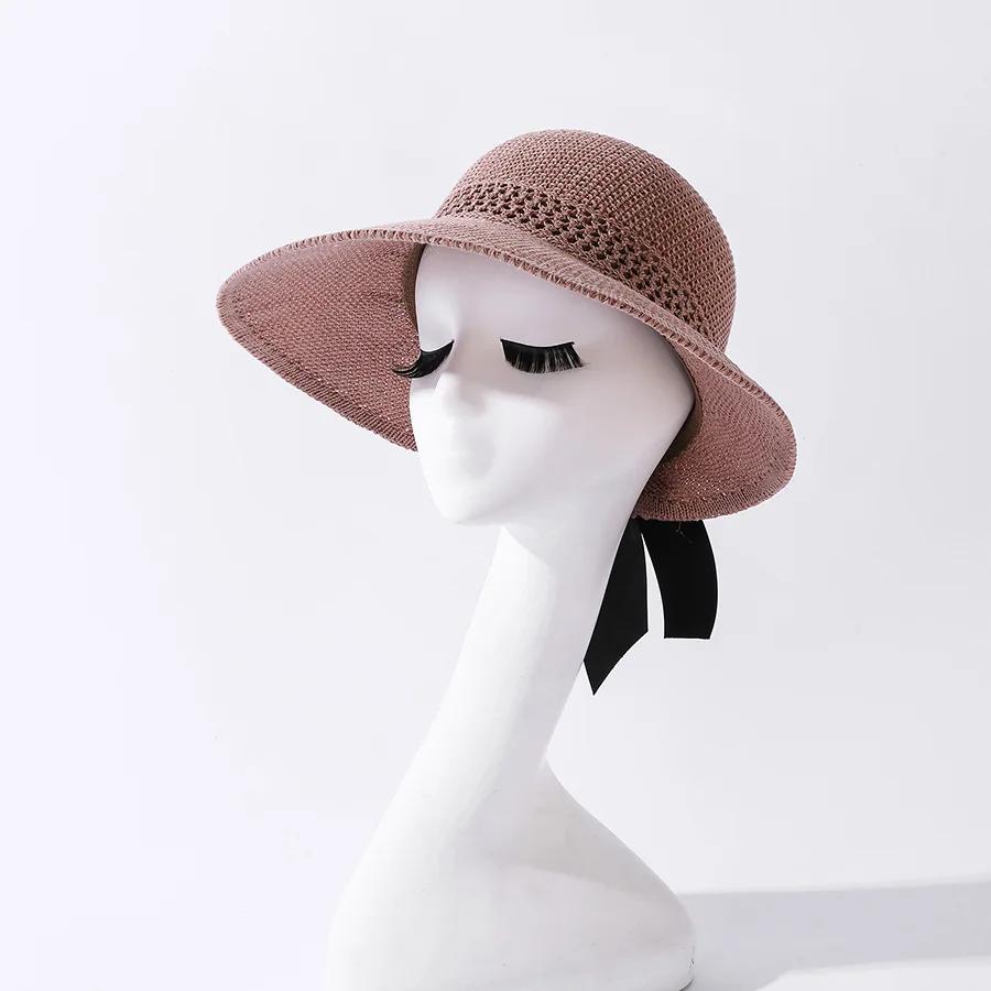 Summer Wide Brim Foldable Sun Hats For Women Girl Portable Ponytail Outdoor Beach Straw Hat Adjustable Uv Protection Panama Caps