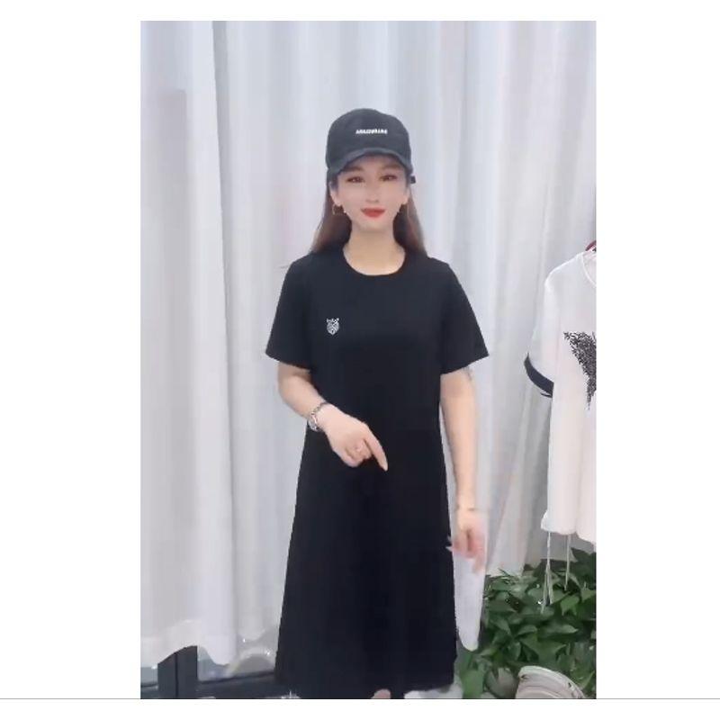 

Tower Tip Quality! Exquisite Women s Short-Sleeved Tencel Cotton Tiger Head Rhinestone round Neck Breathable Close-Fitting Dress Summer Black L