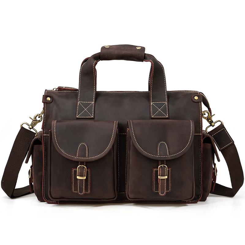 Men Bag top grade Men's Genuine Leather Briefcase Handbags Crazy Horse Leather Hand bag Thick Real Leather Shoulder Bag