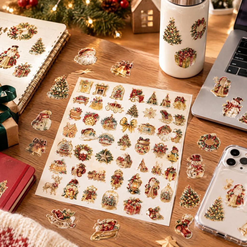 50 Sheets Gold Christmas Sticker Pack, Transparent Journaling Supplies for Scrapbook, Guitar and Notebook Decoration