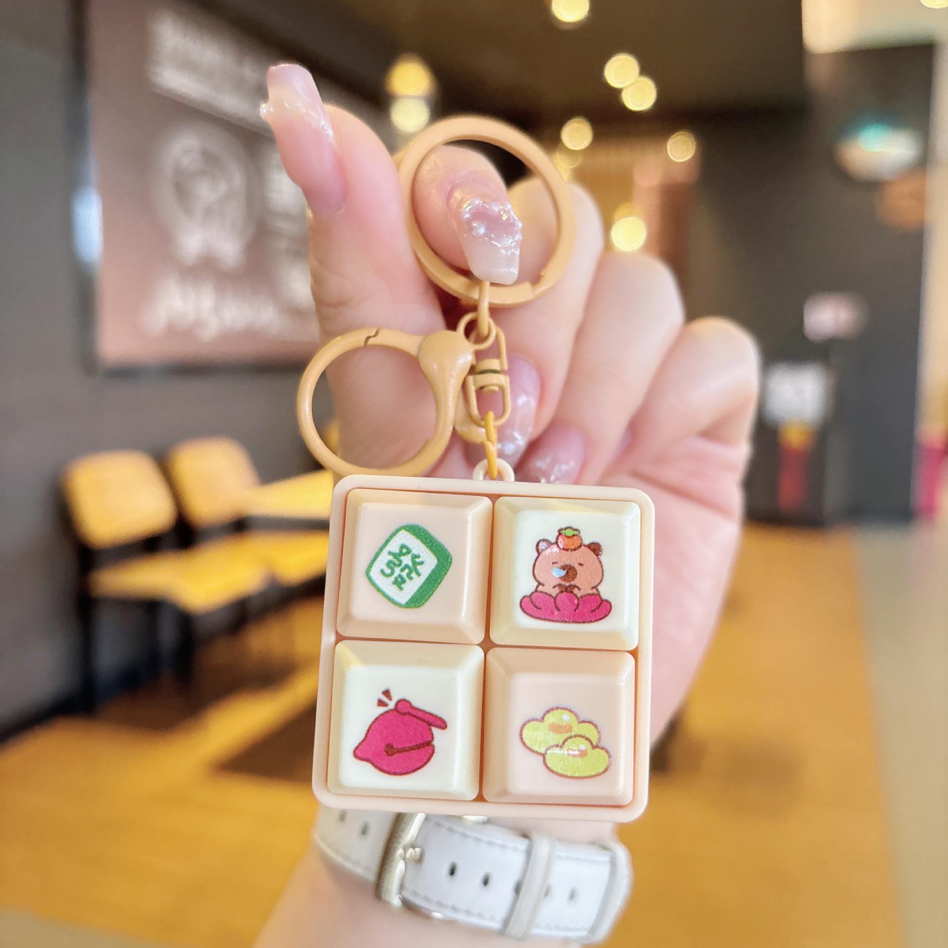 

Creative Cute Capybara Four-Grid Wooden Fish Pendant Keychain - Stress Relief Toy for Kids