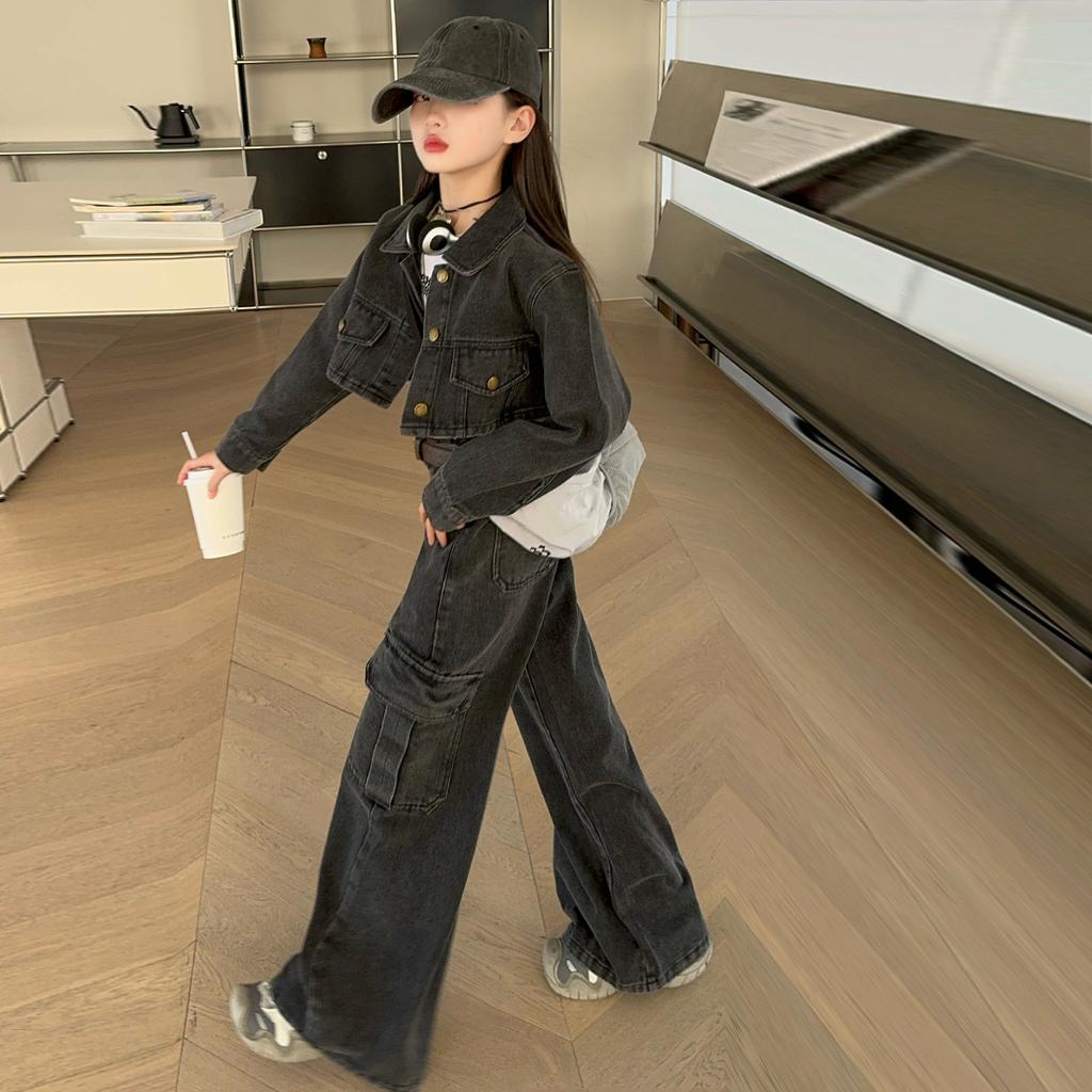 Kids Girls Denim Clothes Suits Long Sleeved Short Jacket+wide Leg Jeans 2pcs Children Girl Set Outfit