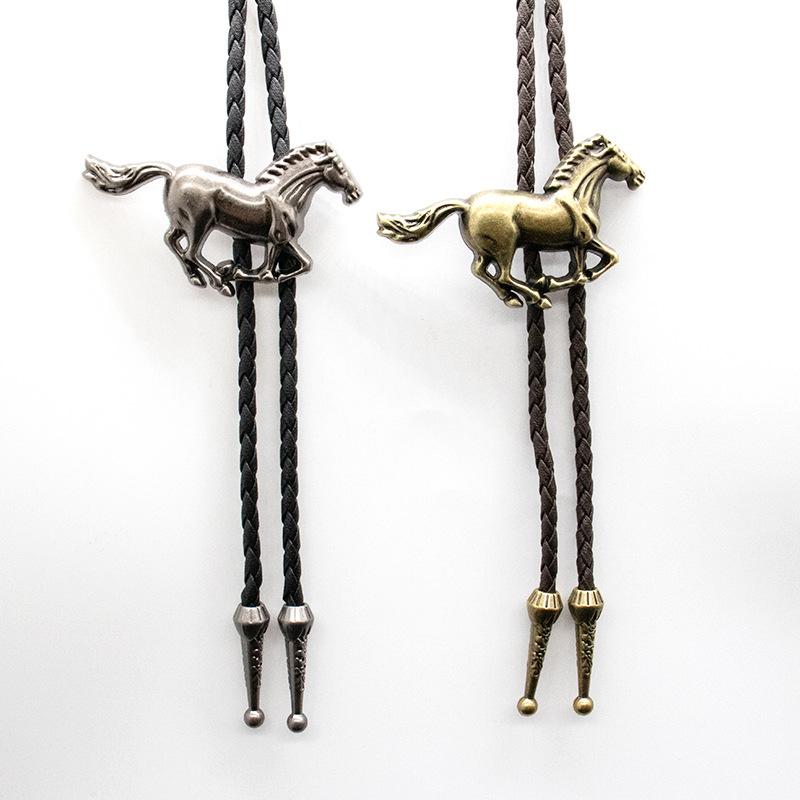 Vintage Horse Head Bolo Tie Retro Faux Leather Long Necklace Pendant Fashion Sweater Chain Jewelry for Men Women