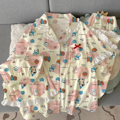 Pyjama pour femme d'été, ensemble trois pièces à manches courtes, style haut de gamme mignon et amusant, bordure en coton imitation, vêtements d'intérieur