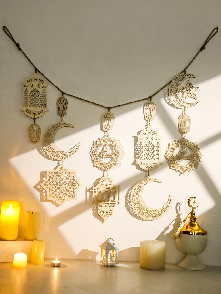 Eid Mubarak Wooden Garland Islamic Moon Star Lantern Hanging Decor for Ramadan Kareem Muslim Festival Home Party Wall Decoration