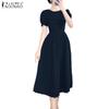 ZANZEA Women Casual Round Neck Summer Short Sleeve Long Dress