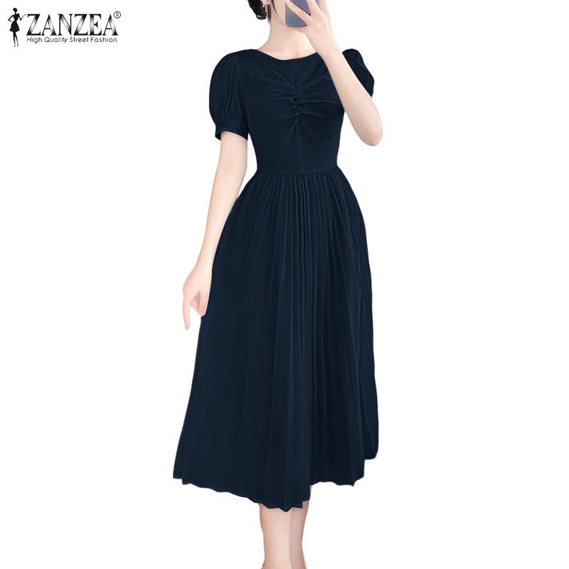 ZANZEA Women Casual Round Neck Summer Short Sleeve Long Dress