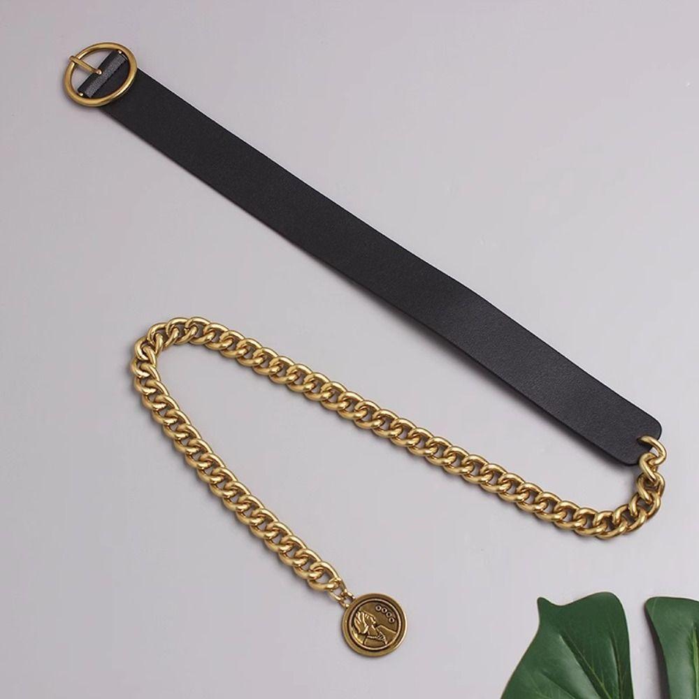 Slim Side PU Leather Belt Metal Buckle Dress Chain Retro Thin Waist Chain  Waist Accessories