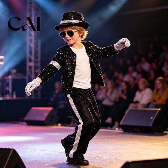 Breathable Fabric Costume Kids 80s 90s Performance Costume, Black Sequin Jacket, Top, Trousers, Hat, Dance Recital Outfit Children Glasses, Gloves, 7