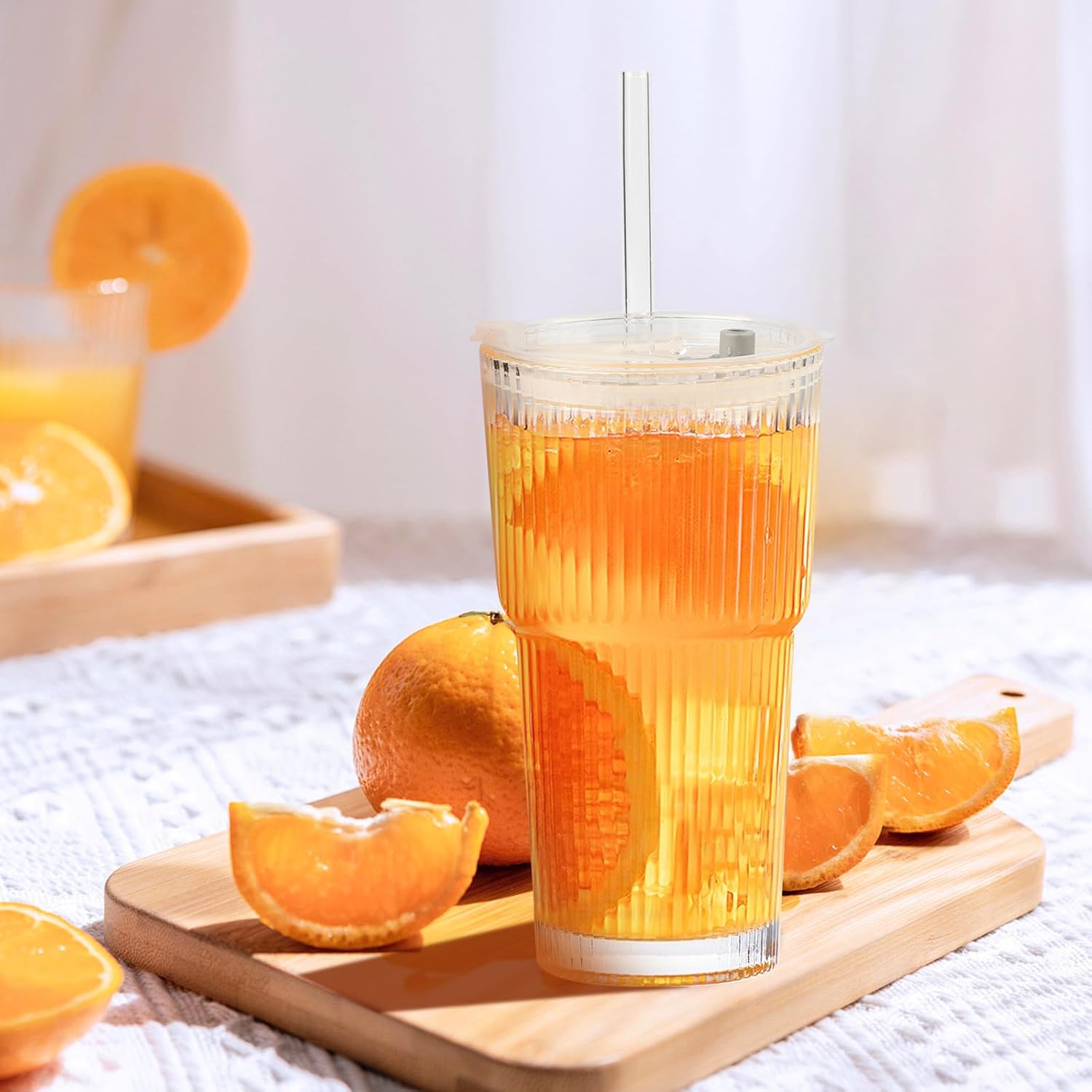 

20 oz Glass Cups with Lid and Straw 2 Set, Glass Tumbler with Straw and Lid, Vintage Glassware for Whiskey Cocktail Beer, Iced C 501-600ml коричневый