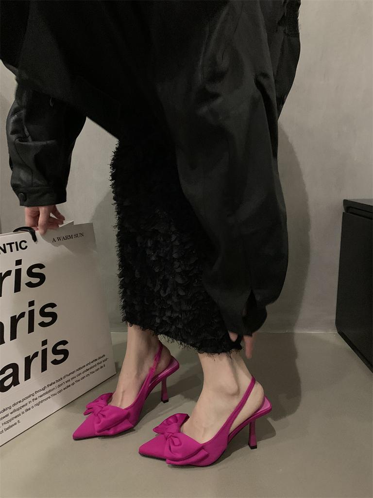 Fairy Style Sandals with Skirt French Bag Head Single Shoes Evening Style Bow Pointed Head Stiletto High Heels Spring Women's Shoes