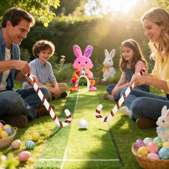 Set Joc de Golf Iepurașul de Paște Pista Mini Golf din Lemn cu Băț de Golf Candelă și Bile pentru Petrecerea de Paște în Familie în Interior